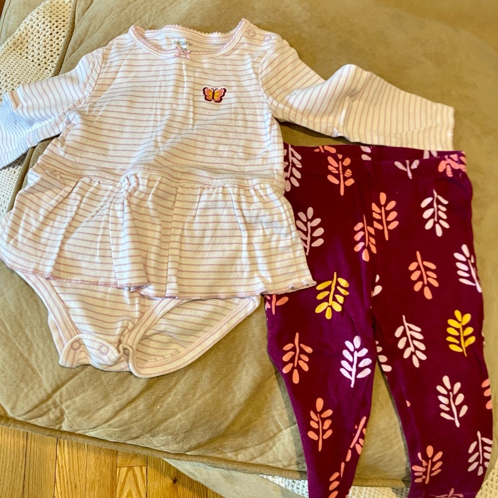 Carter's Pink Striped Butterfly Peplum Bodysuit with Plum Leaf Print Leggings